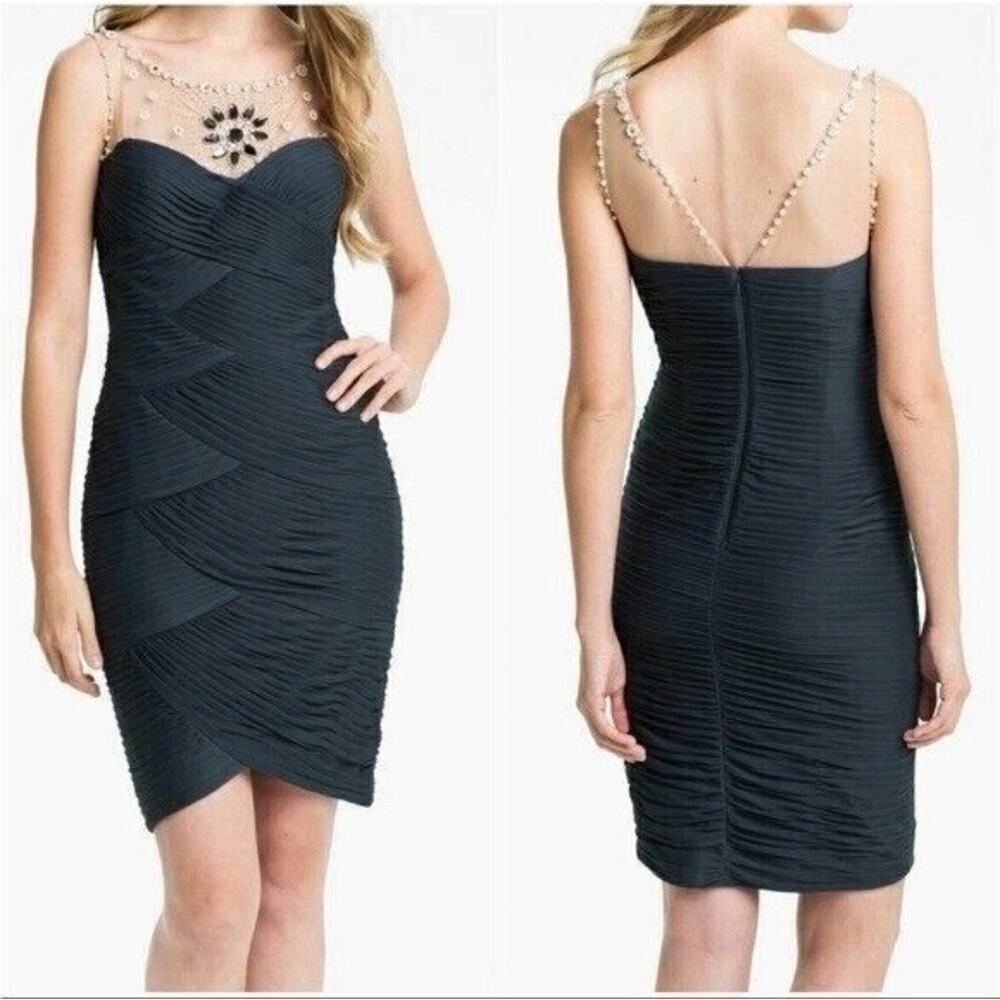 Niteline Dress  Illusion Bodice Ruched Jeweled Navy Blue Bodycon formal 14W